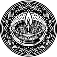 Burning candle in a traditional ceramic bowl in monochrome. Simple minimalistic in black ink drawing on white background vector