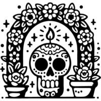 Altar in shape of arch with a human sugar skull and lit candles in monochrome. Simple minimalistic in black ink drawing on white background vector
