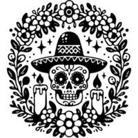 Flower wreath with human sugar skull and lit candles in monochrome. Simple minimalistic in black ink drawing on white background vector