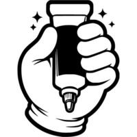 Builder hand holding tube of superglue in monochrome. Simple minimalistic in black ink drawing on white background vector