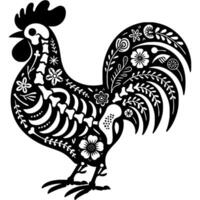 Silhouette of cockerel skeleton is decorated with Mexican floral patterns and in monochrome. Simple minimalistic in black ink drawing on white background vector