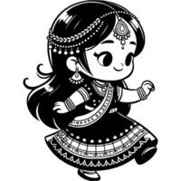 Girl dressed in national Indian clothes dancing at the festival in monochrome. Simple minimalistic in black ink drawing on white background vector