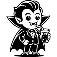 Party guest dressed in vampire costume drinks lemonade through a straw in monochrome. Simple minimalistic in black ink drawing on white background vector