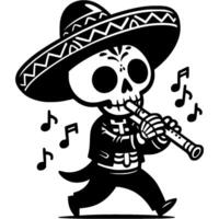Mexican musician in black suit with skeleton mask on his head walking and playing flute in monochrome. Simple minimalistic in black ink drawing on white background vector