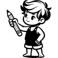 Boy artist draws with a simple pencil in monochrome. Simple minimalistic in black ink drawing on white background vector