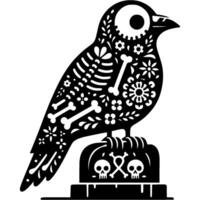 Silhouette of raven skeleton sitting on tombstone is decorated with Mexican floral patterns and in monochrome. Simple minimalistic in black ink drawing on white background vector