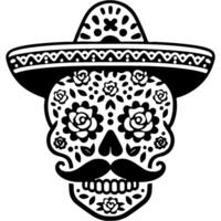 Skull with Mexican facial ornament and sombrero decorated with flowers in monochrome. Simple minimalistic in black ink drawing on white background vector