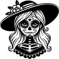 Blonde woman in hat with face decorated with mexican ornament in monochrome. Simple minimalistic in black ink drawing on white background vector