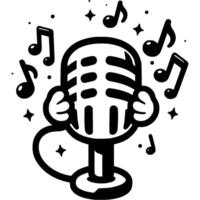 Melody notes fly over microphone in monochrome. Simple minimalistic in black ink drawing on white background vector