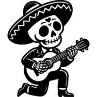 Mexican musician wearing wide hat with skeleton mask on face stands on one knee and plays guitar in monochrome. Simple minimalistic in black ink drawing on white background vector