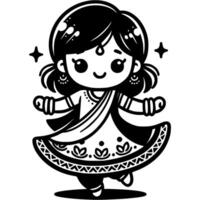 Girl dressed in national Indian clothes in monochrome. Simple minimalistic in black ink drawing on white background vector