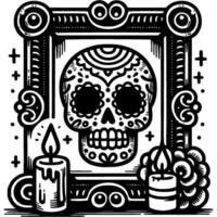 Symbolic Mexican day of dead altar in monochrome. Simple minimalistic in black ink drawing on white background vector