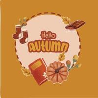 Autumn Sticker Greeting Card Design hello autumn pumkin color frame vector