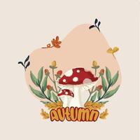 Autumn Sticker Greeting Card Design Cute Mushroom with the leaves the abstract frame vector