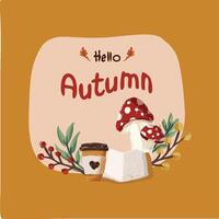 Hello Autumn Sticker Greeting Card Design Mushroom coffee and book time relax in fall vector