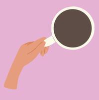 Flat illustration of hand holding white cup. The fingers are keeping the handle. View from above. vector
