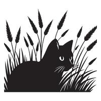 Black silhouette of a cat peeking out from a tall grass patch vector