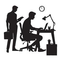 Man Sitting on An Office Chair and working on a computer with office table desk, office work, Work from home silhouette on white background vector