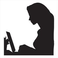 Female silhouette. Remote job. Freelancer lifestyle. Dark contrast shape profile portrait of confident woman working online using laptop silhouette on white background vector