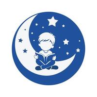 Quiet Night Reading with Boy, Moon, and Stars vector