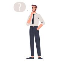 Flat illustration on white background. man in office clothes thinking about a problem, speech bubble and question mark vector
