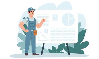 Flat illustration on white background. Man in plumber's uniform standing and pointing at banner, giving presentation vector