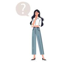 Flat illustration on white background. Woman in office clothes thinking about a problem, speech bubble and question mark vector