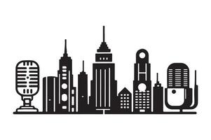 a black and white illustration of a microphone and a cityscape vector