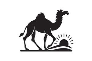 a camel is standing in the desert with the sun behind it vector