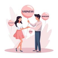 People with balloons with emotions written inside. The girl and the man show that they understand each others emotions. vector