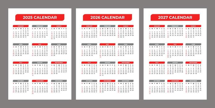 Set of 2025 2026 2027 Basic Calendar With Red Header In Every Year Title vector