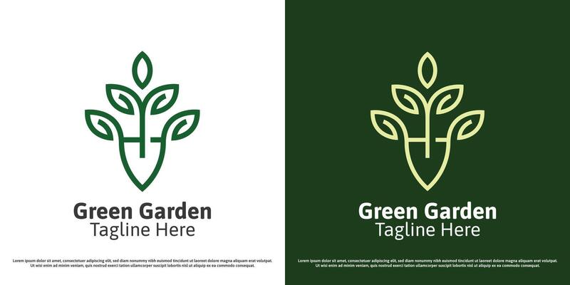 Green garden logo design illustration. Silhouette of shovel green land leaves foliage nature environment park outdoor. Geometric abstract minimal linear minimalistic icon symbol.