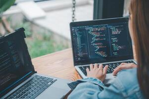 Female programmer working on coding, software development and web design.Concept technology development. photo