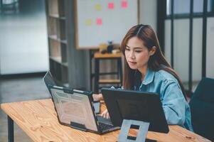 Female programmers are thinking and planning to work on programming, software coding and web design.Concept technology development. photo