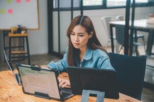 Female programmers are thinking and planning to work on programming, software coding and web design.Concept technology development. photo