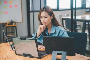 Female programmers are thinking and planning to work on programming, software coding and web design.Concept technology development. photo