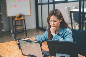 Female programmers are thinking and planning to work on programming, software coding and web design.Concept technology development. photo