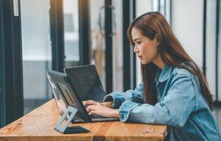 Female programmers are thinking and planning to work on programming, software coding and web design.Concept technology development. photo