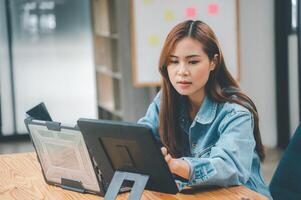 Female programmers are thinking and planning to work on programming, software coding and web design.Concept technology development. photo