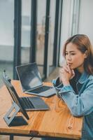 Female programmers are thinking and planning to work on programming, software coding and web design.Concept technology development. photo