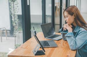 Female programmers are thinking and planning to work on programming, software coding and web design.Concept technology development. photo