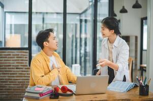 Young students quarrel when their work fails and goals are not met. , communication does not understand each other photo