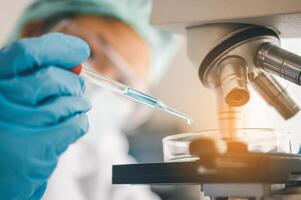 Female researchers are experimenting with pipette dropping a sample into a test tube in an experiment research in laboratory.. photo