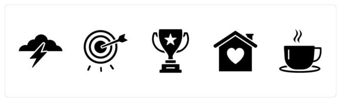 A set of 5 Business icons as cloud lightning, target dashboard, winning trophy cup vector