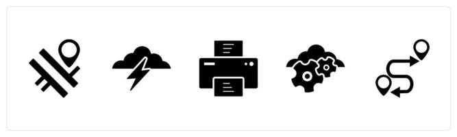 A set of 5 Business icons as road map, cloud lightning, printer vector