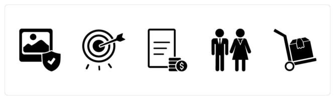 A set of 5 Business icons as gallery security, target dartboard, invoice vector