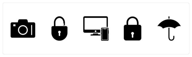 A set of 5 Business icons as dslr, open lock, responsive vector