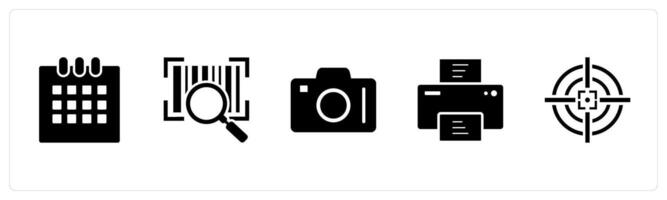 A set of 5 Business icons as calendar, search bar code, dslr vector