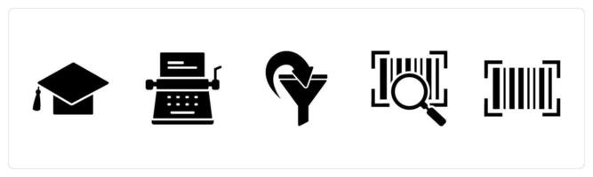 A set of 5 Business icons as graduation cap, typewriter, filter vector