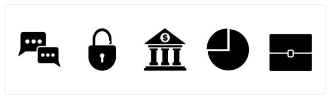 A set of 5 Business icons as chat, open lock, bank, vector